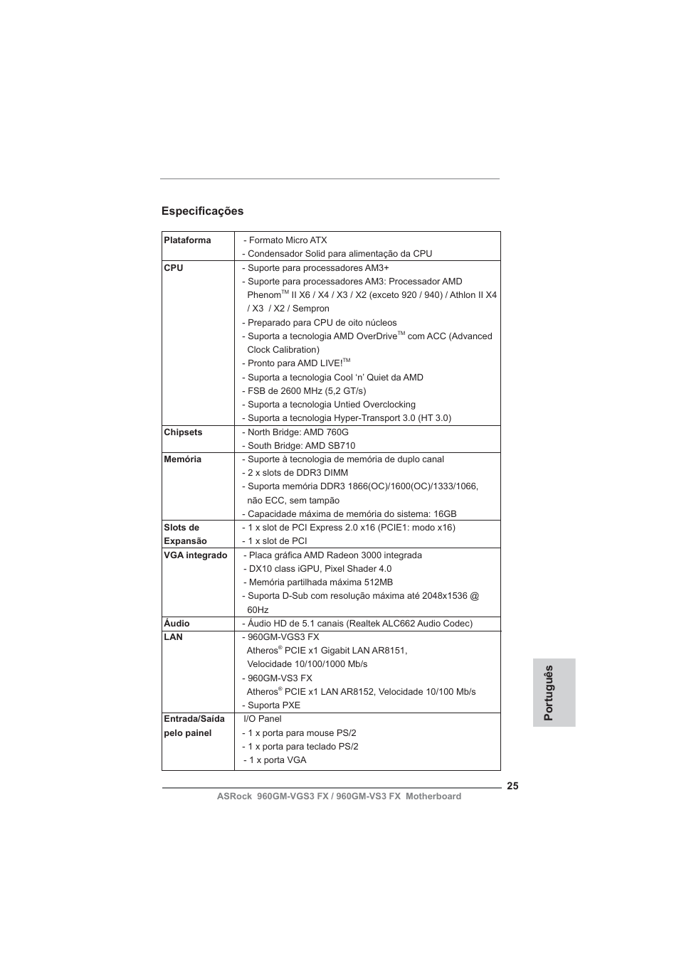 Portuguese, Especifi cações, Português | ASRock 960GM-VGS3 FX User Manual | Page 25 / 39