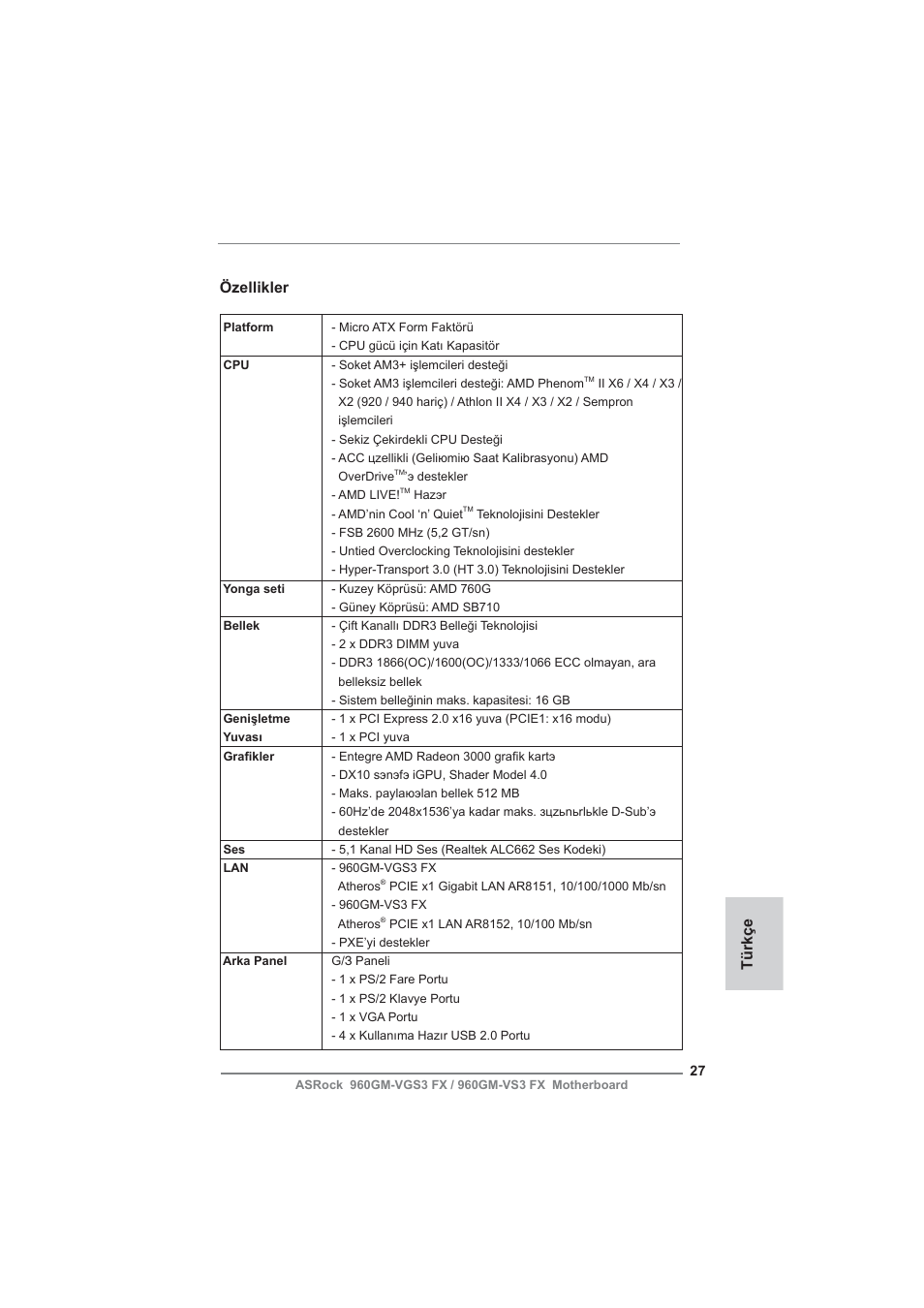 Turkish, Türkçe özellikler | ASRock 960GM-VGS3 FX User Manual | Page 27 / 39