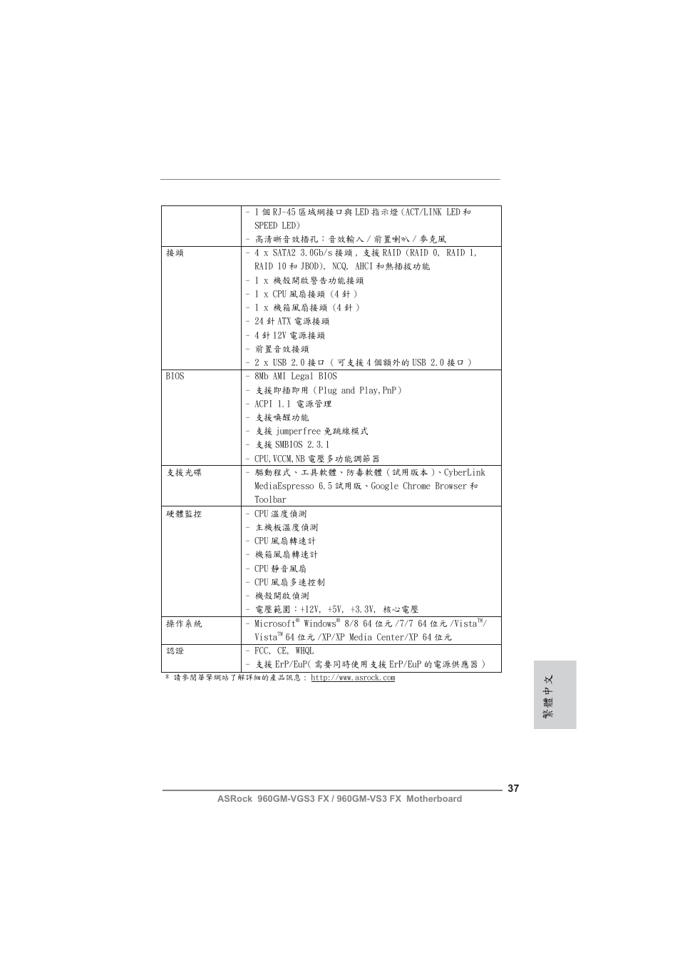 繁體中文 | ASRock 960GM-VGS3 FX User Manual | Page 37 / 39