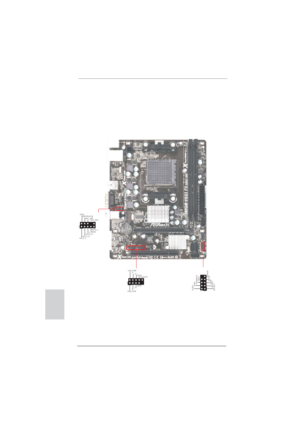 English 1.3 pin header easy installation guide, Front panel audio header, System panel header usb 2.0 header | ASRock 960GM-VGS3 FX User Manual | Page 8 / 39