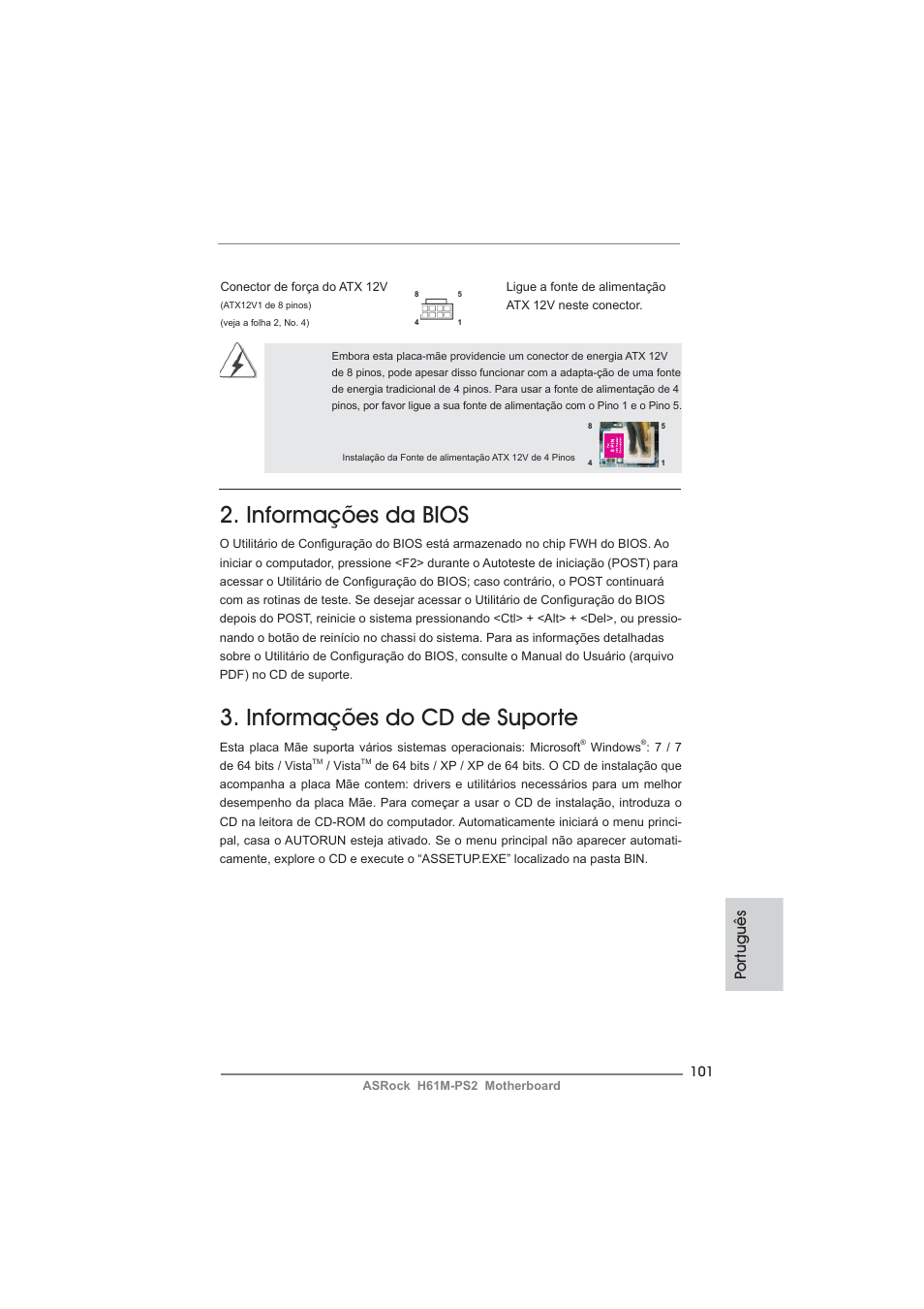 Informações da bios, Informações do cd de suporte, Po rtuguês | ASRock H61M-PS2 User Manual | Page 101 / 164