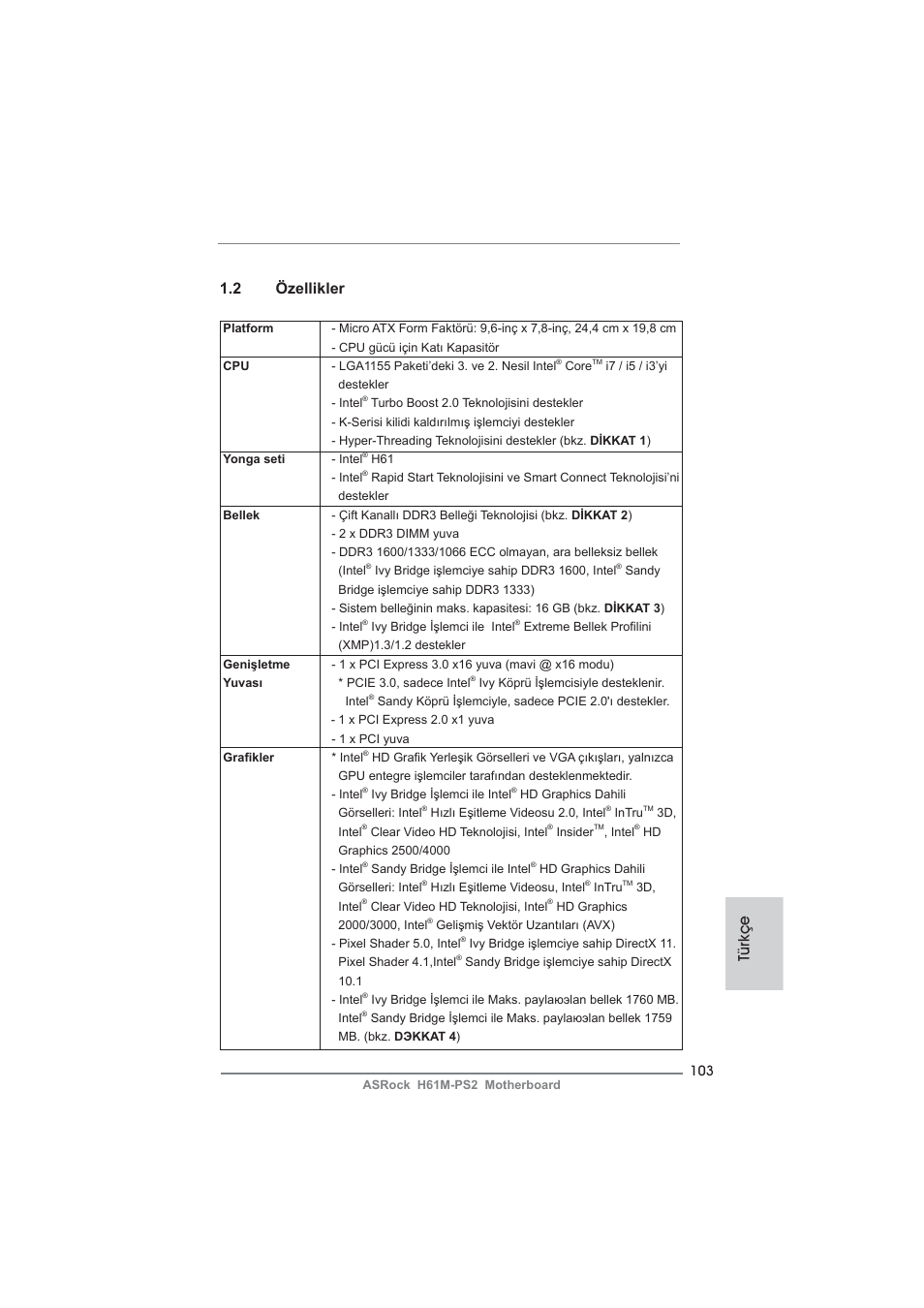 Türkçe 1.2 özellikler | ASRock H61M-PS2 User Manual | Page 103 / 164