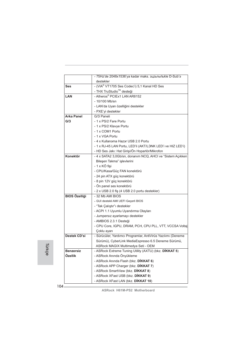 Türkçe | ASRock H61M-PS2 User Manual | Page 104 / 164