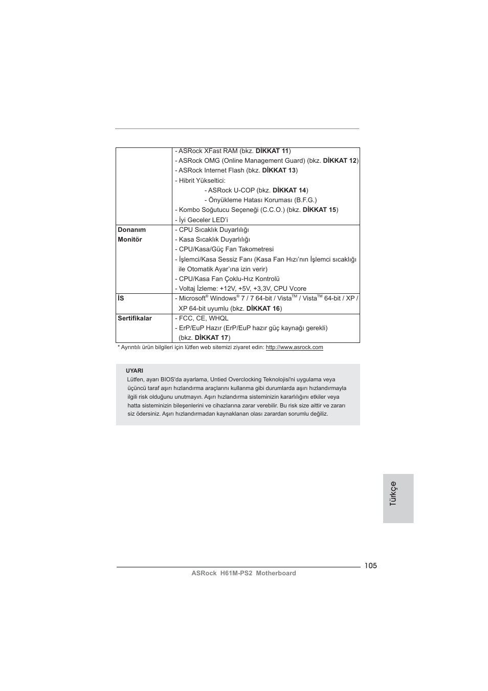 Türkçe | ASRock H61M-PS2 User Manual | Page 105 / 164