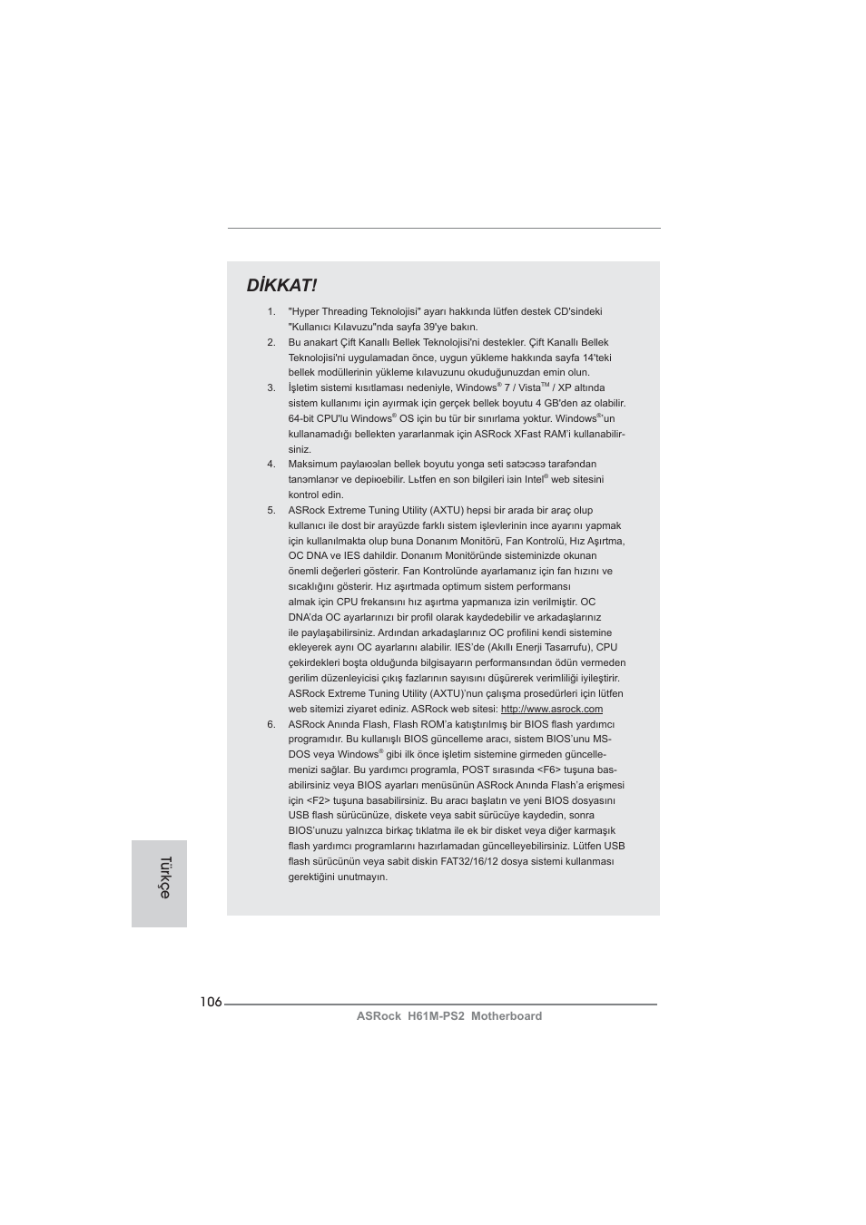 Dikkat, Türkçe | ASRock H61M-PS2 User Manual | Page 106 / 164