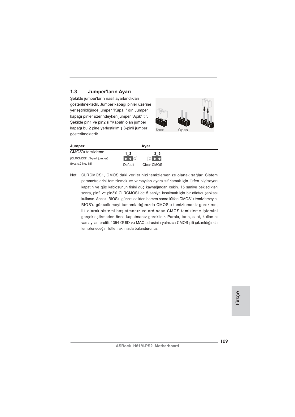 Türkçe 1.3 jumper'ların ayarı | ASRock H61M-PS2 User Manual | Page 109 / 164