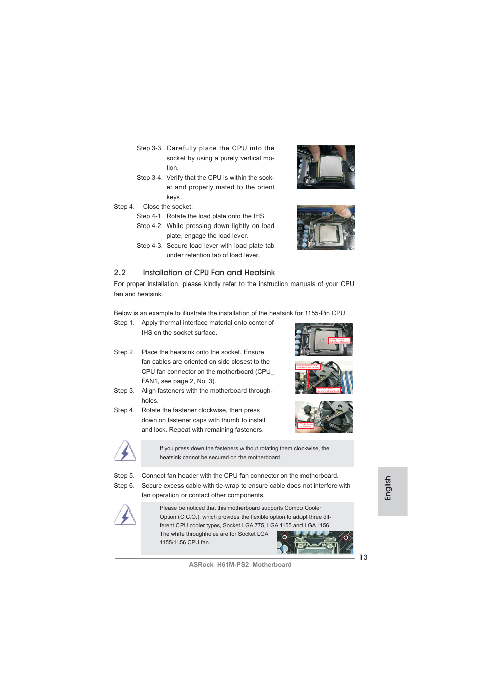 English, 2 installation of cpu fan and heatsink | ASRock H61M-PS2 User Manual | Page 13 / 164