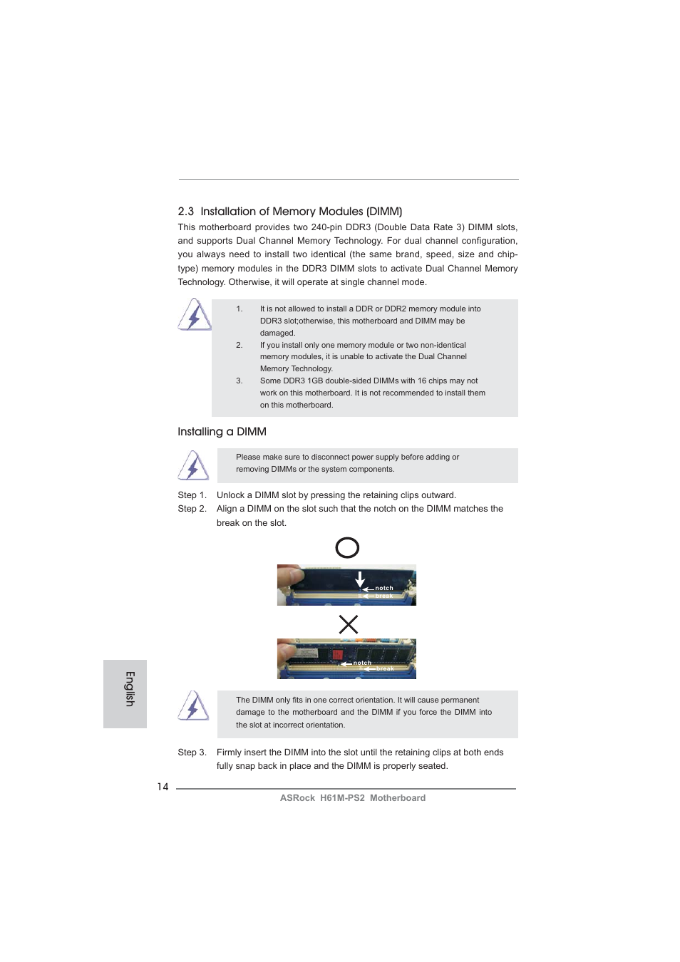 Installing a dimm | ASRock H61M-PS2 User Manual | Page 14 / 164