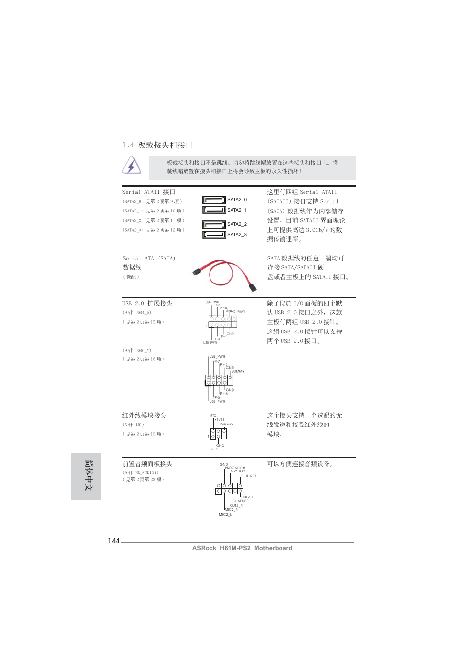 簡體中文, 4 板載接頭和接口 | ASRock H61M-PS2 User Manual | Page 144 / 164
