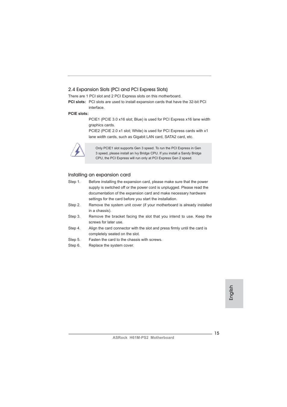 Installing an expansion card | ASRock H61M-PS2 User Manual | Page 15 / 164