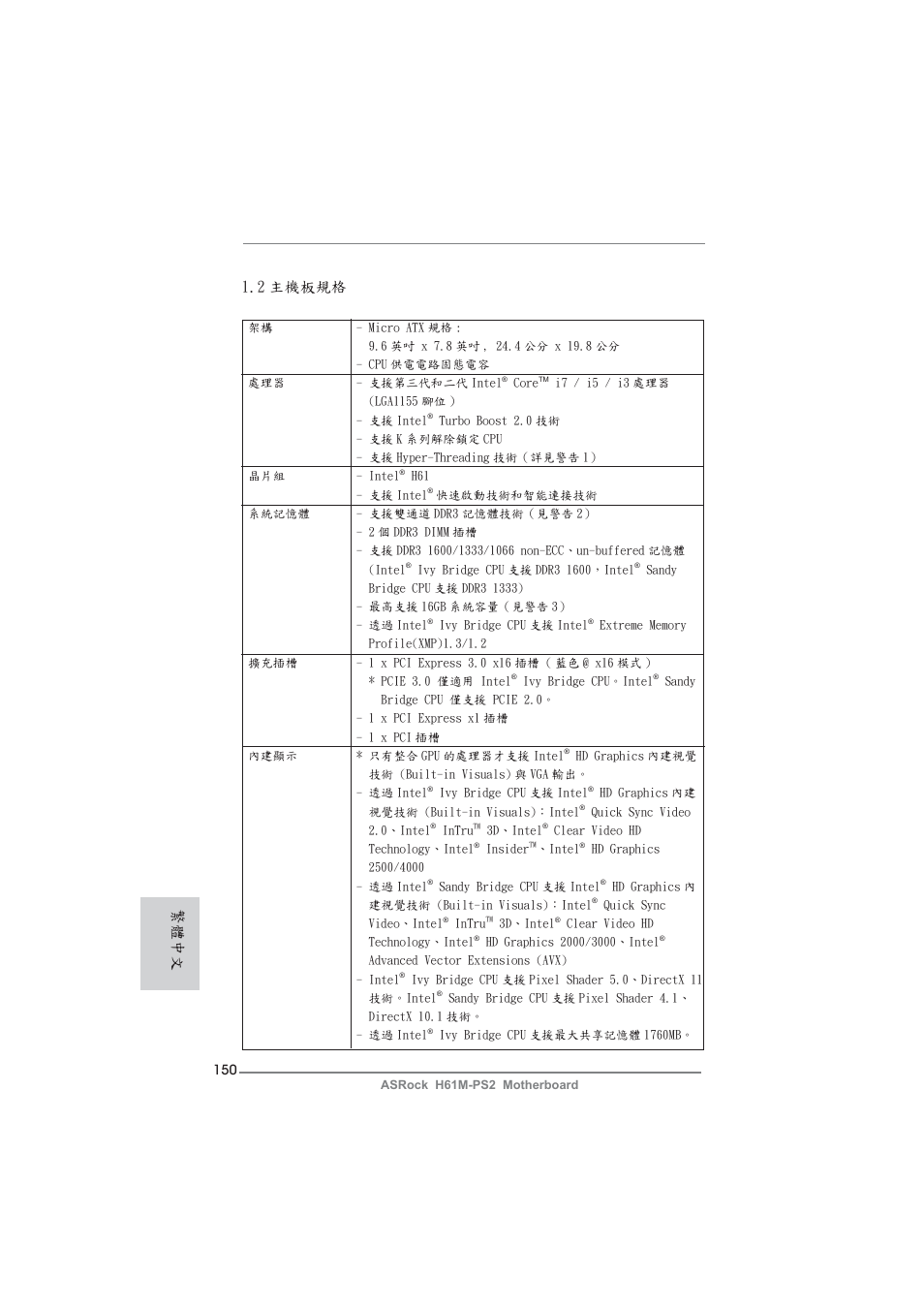 2 主機板規格, 繁體中文 | ASRock H61M-PS2 User Manual | Page 150 / 164