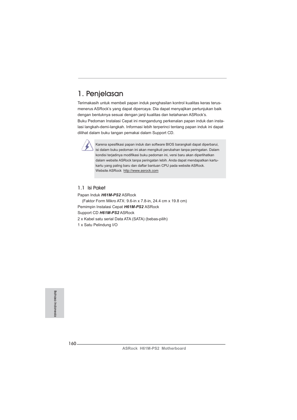 Indonesian, Penjelasan, 1 isi paket | ASRock H61M-PS2 User Manual | Page 160 / 164