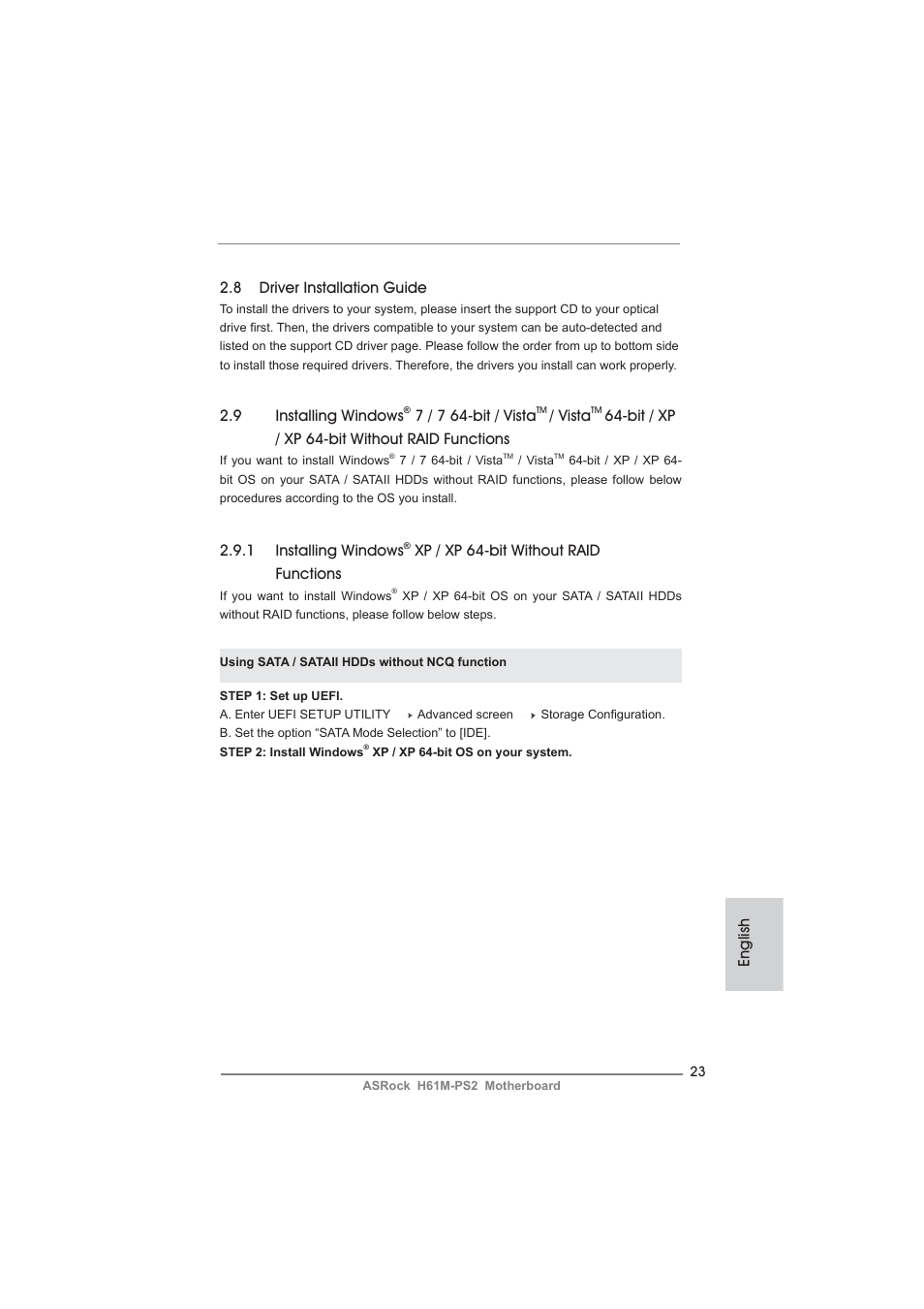 English 2.8 driver installation guide, 9 installing windows, 7 / 7 64-bit / vista | Vista, Bit / xp / xp 64-bit without raid functions, 1 installing windows, Xp / xp 64-bit without raid functions | ASRock H61M-PS2 User Manual | Page 23 / 164