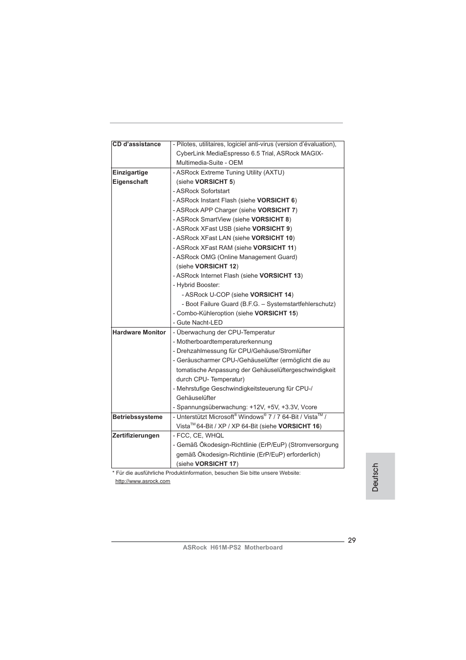 Deutsch | ASRock H61M-PS2 User Manual | Page 29 / 164