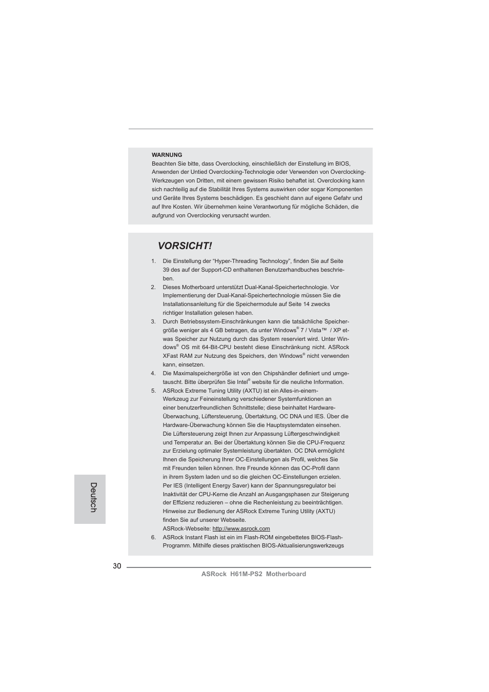 Vorsicht, Deutsch | ASRock H61M-PS2 User Manual | Page 30 / 164