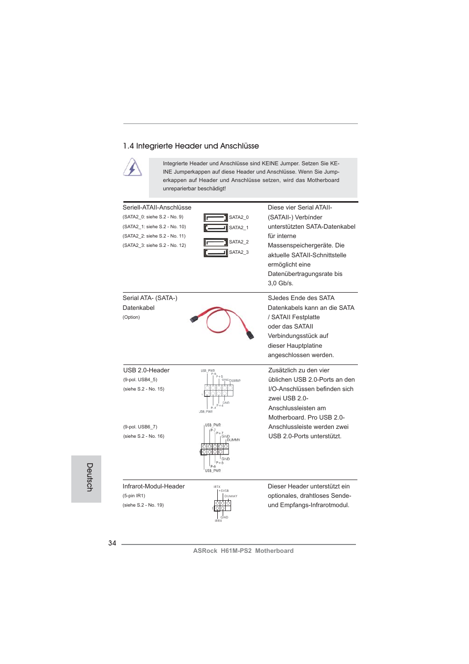 4 integrierte header und anschlüsse, Deutsch | ASRock H61M-PS2 User Manual | Page 34 / 164