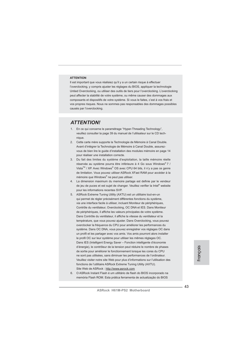 Attention, Français | ASRock H61M-PS2 User Manual | Page 43 / 164