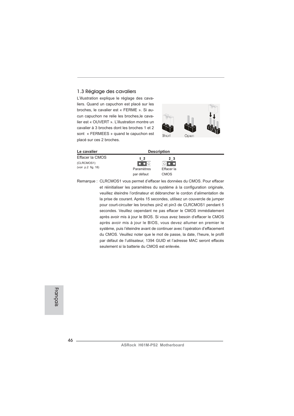 3 réglage des cavaliers, Français | ASRock H61M-PS2 User Manual | Page 46 / 164