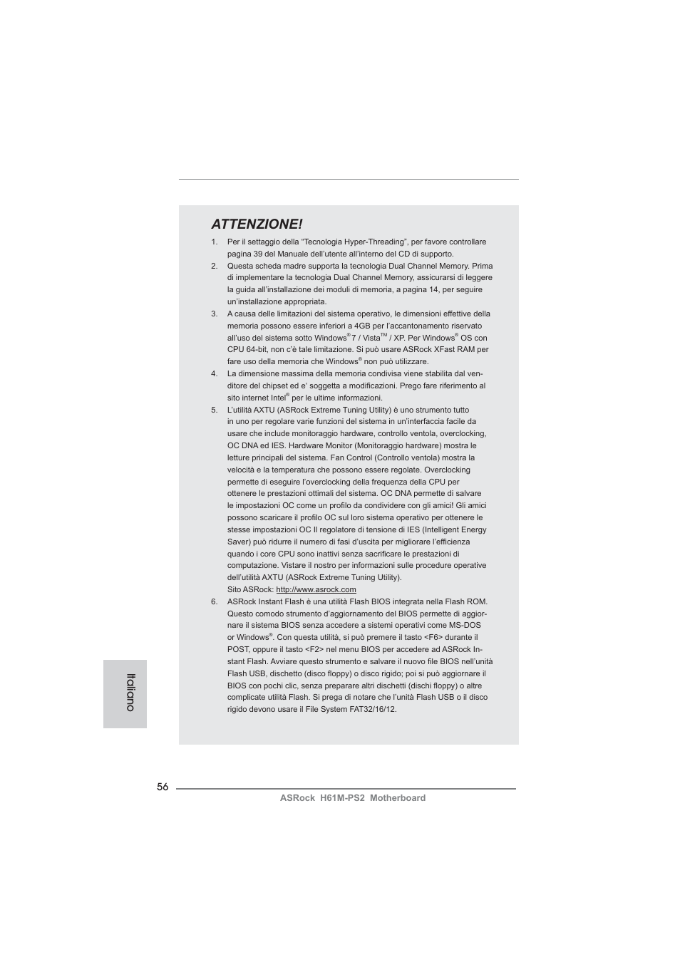 Attenzione, Italiano | ASRock H61M-PS2 User Manual | Page 56 / 164