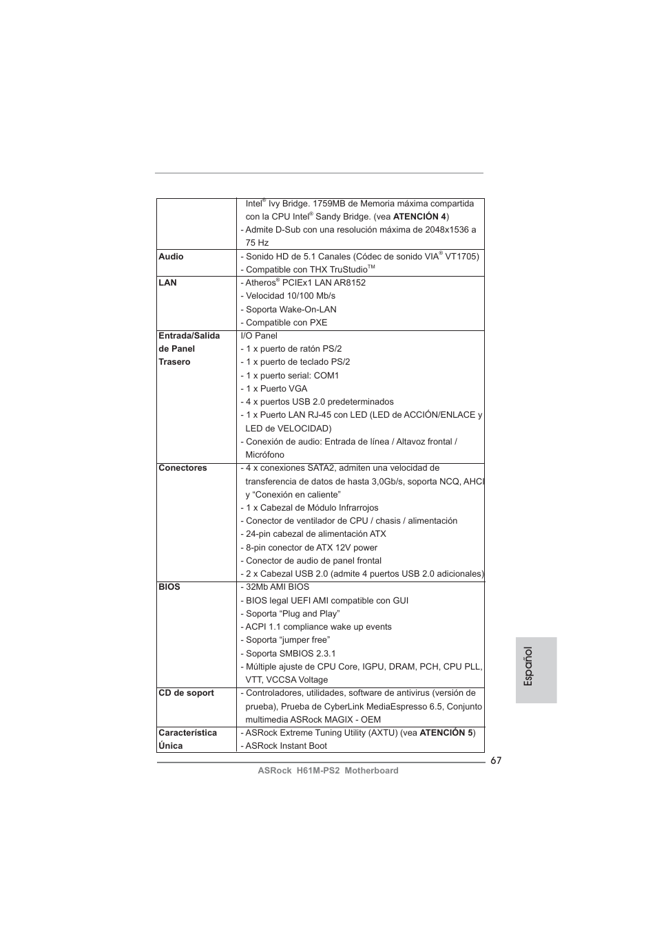 Español | ASRock H61M-PS2 User Manual | Page 67 / 164