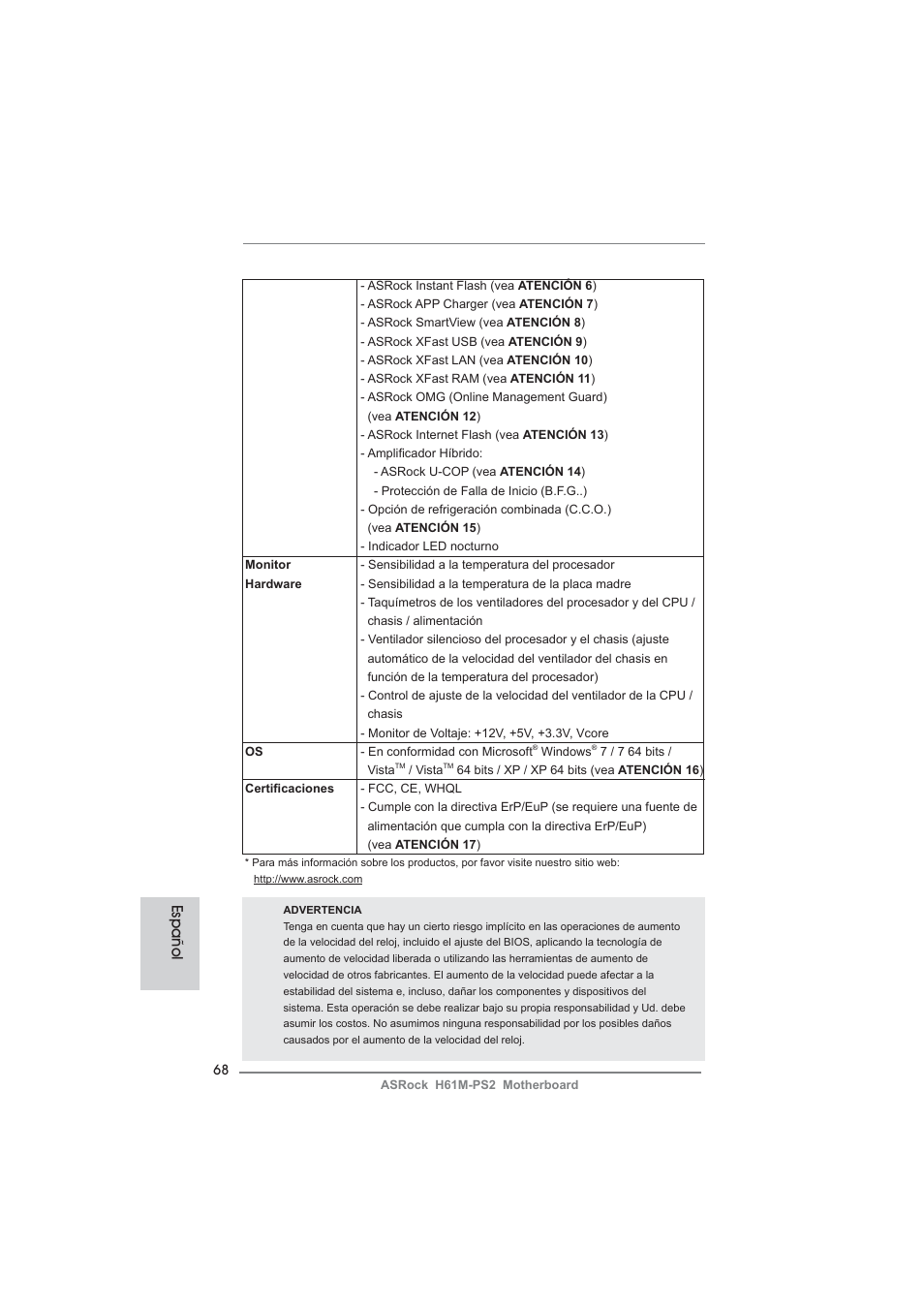 Español | ASRock H61M-PS2 User Manual | Page 68 / 164