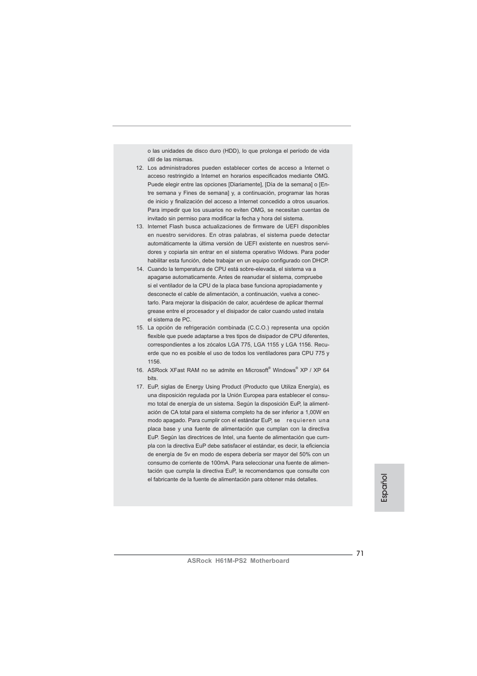 Español | ASRock H61M-PS2 User Manual | Page 71 / 164
