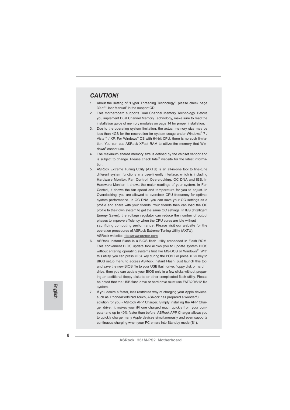 Caution, English | ASRock H61M-PS2 User Manual | Page 8 / 164