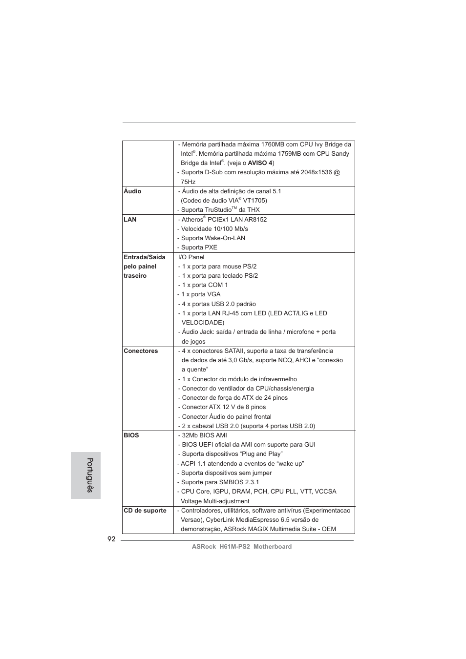 Po rtuguês | ASRock H61M-PS2 User Manual | Page 92 / 164