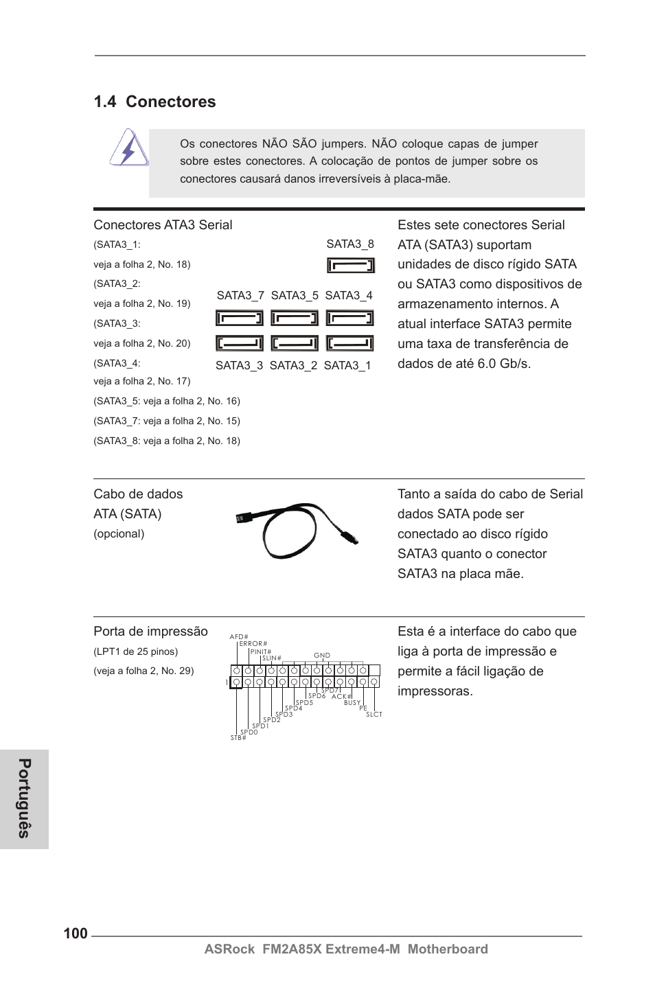 Português, 4 conectores | ASRock FM2A85X Extreme4-M User Manual | Page 100 / 176