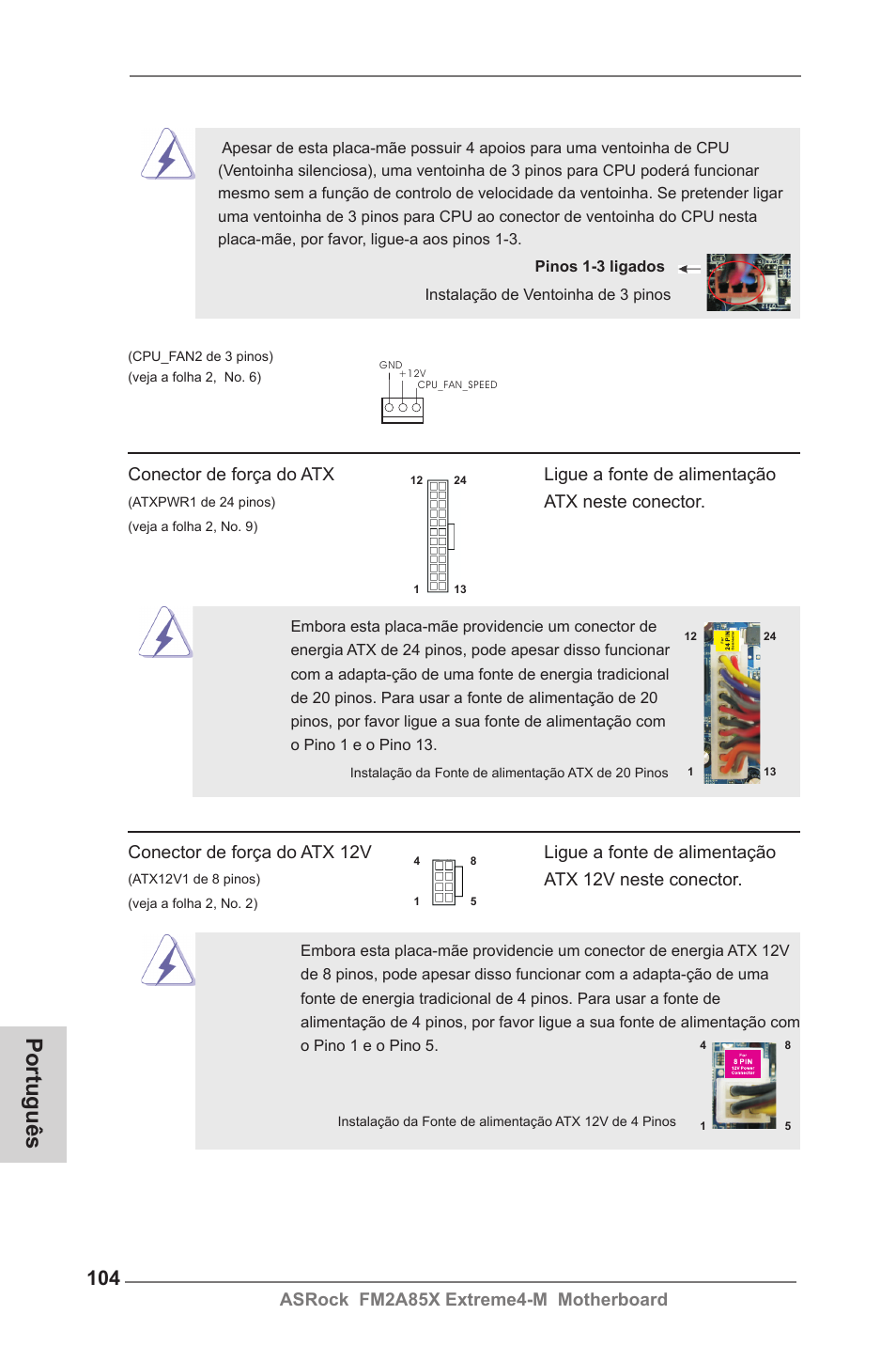 Português, Asrock fm2a85x extreme4-m motherboard, Atx neste conector | Atx 12v neste conector | ASRock FM2A85X Extreme4-M User Manual | Page 104 / 176