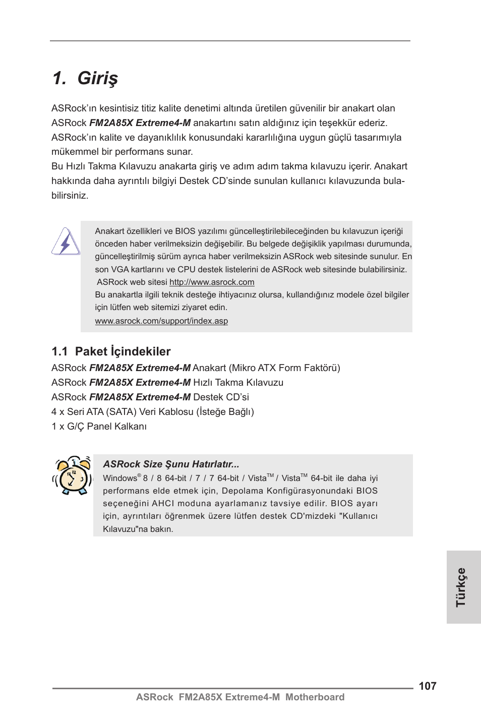 Turkish, Giriş, 1 paket içindekiler | Türkçe | ASRock FM2A85X Extreme4-M User Manual | Page 107 / 176
