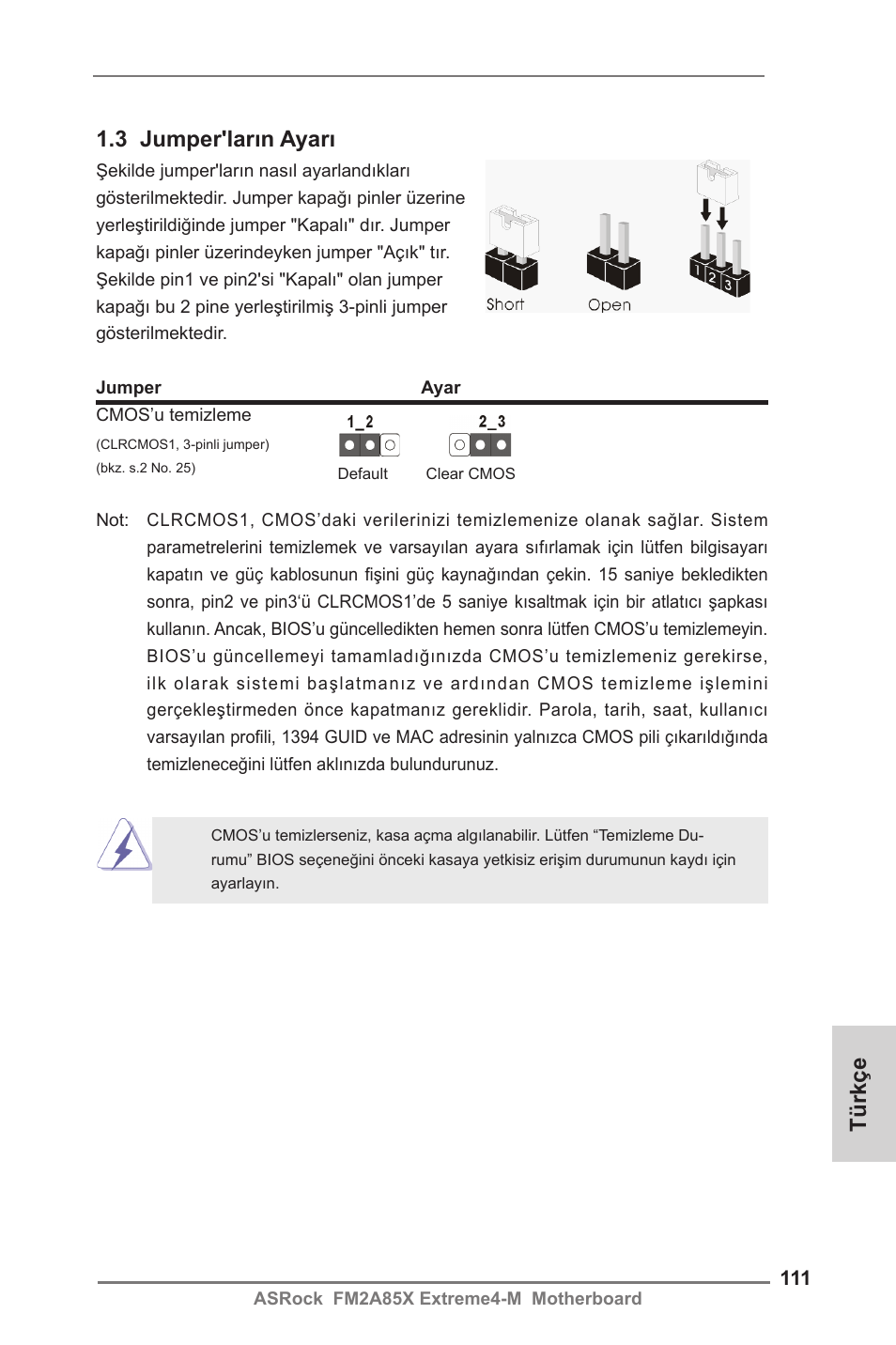 3 jumper'ların ayarı, Türkçe | ASRock FM2A85X Extreme4-M User Manual | Page 111 / 176