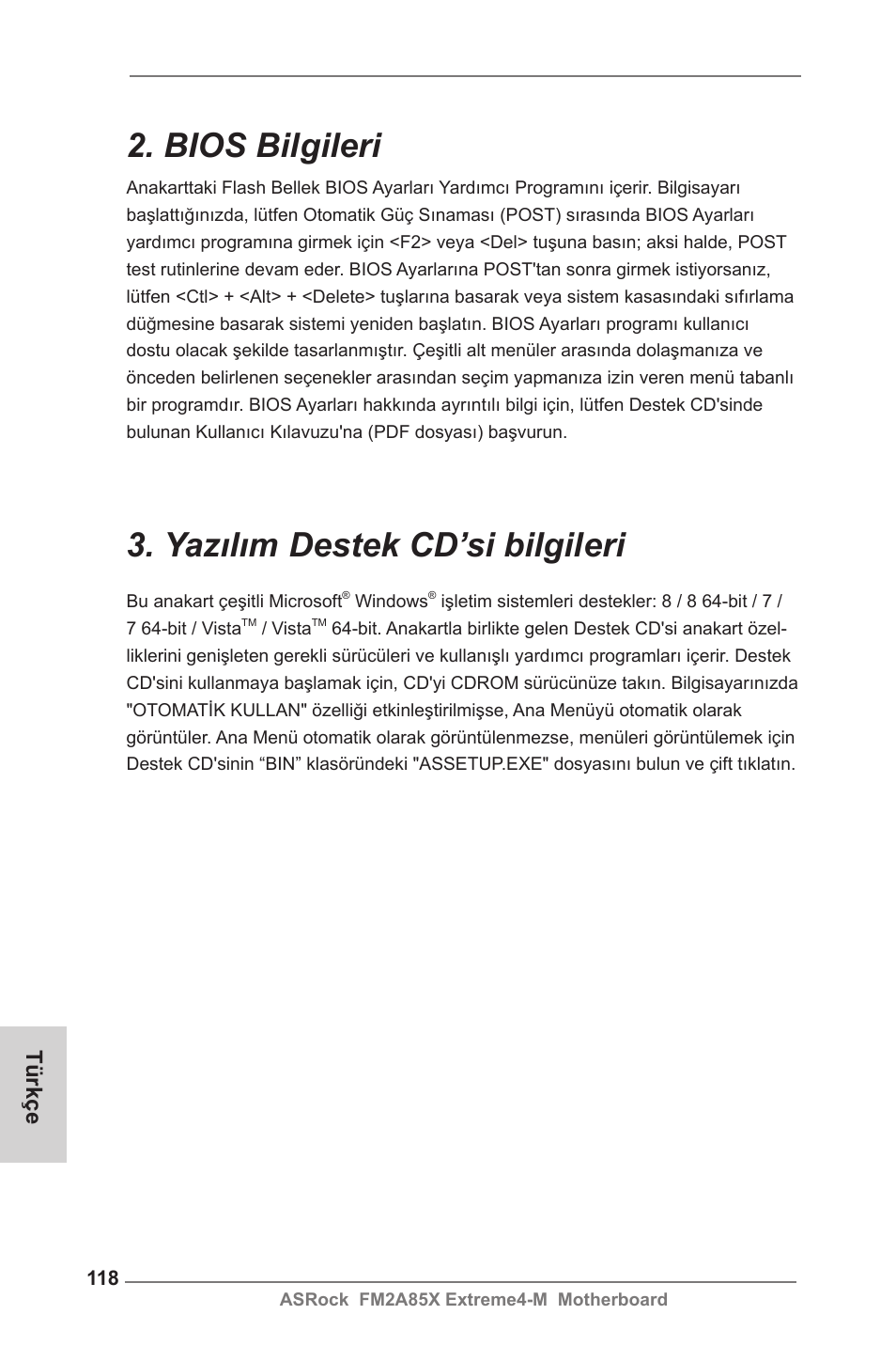 Bios bilgileri, Yazılım destek cd’si bilgileri, Türkçe | ASRock FM2A85X Extreme4-M User Manual | Page 118 / 176
