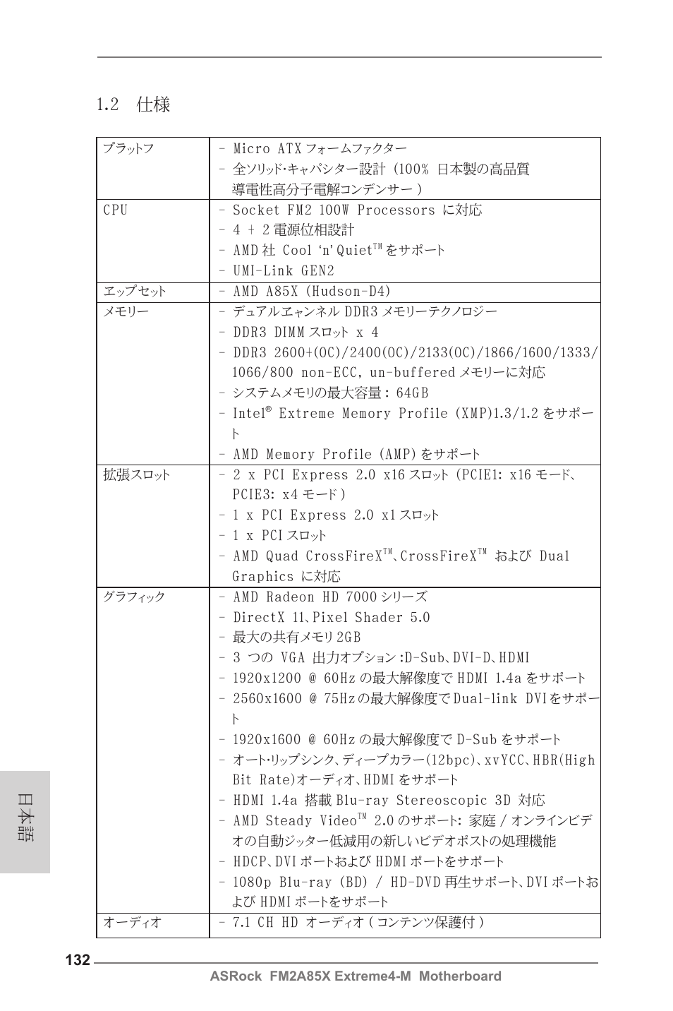 2 仕様 | ASRock FM2A85X Extreme4-M User Manual | Page 132 / 176