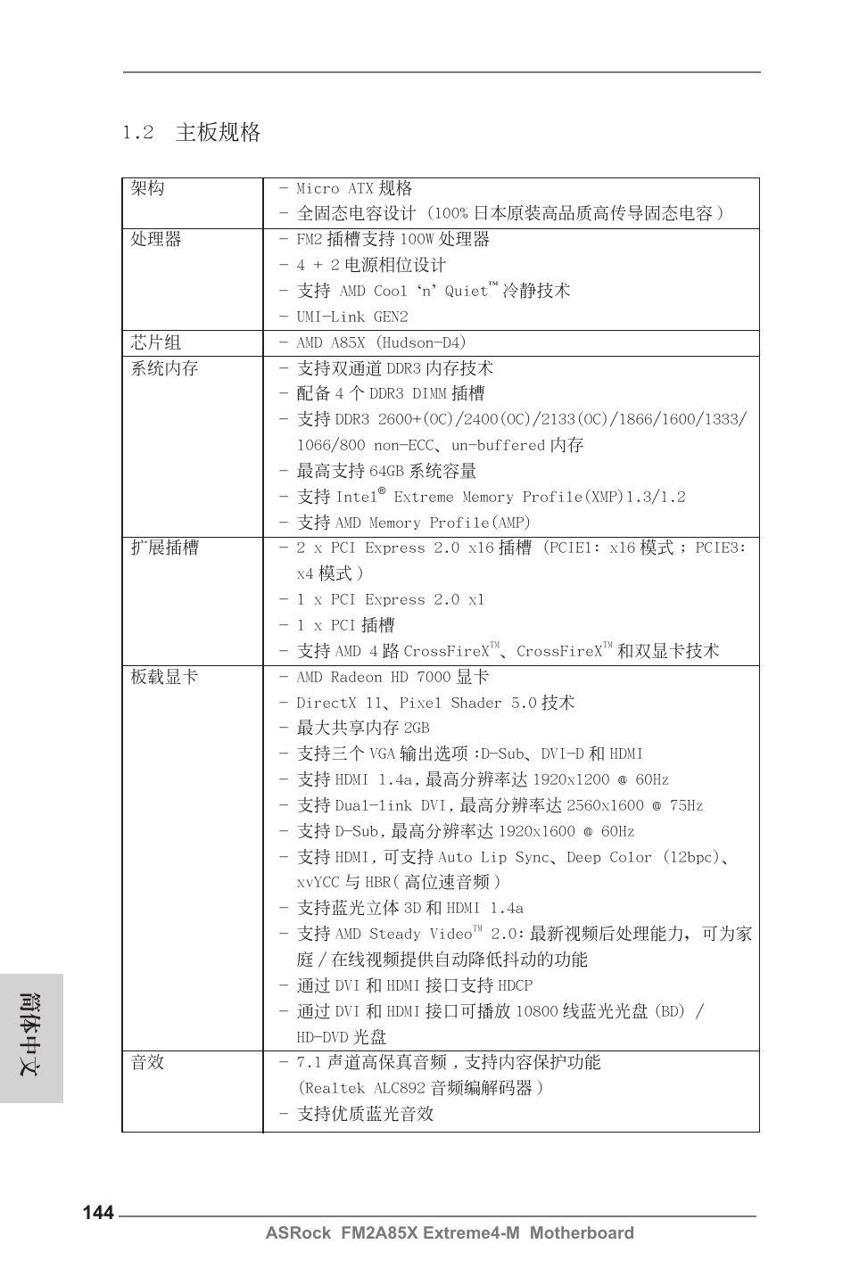 2 主板規格, 簡體中文 | ASRock FM2A85X Extreme4-M User Manual | Page 144 / 176