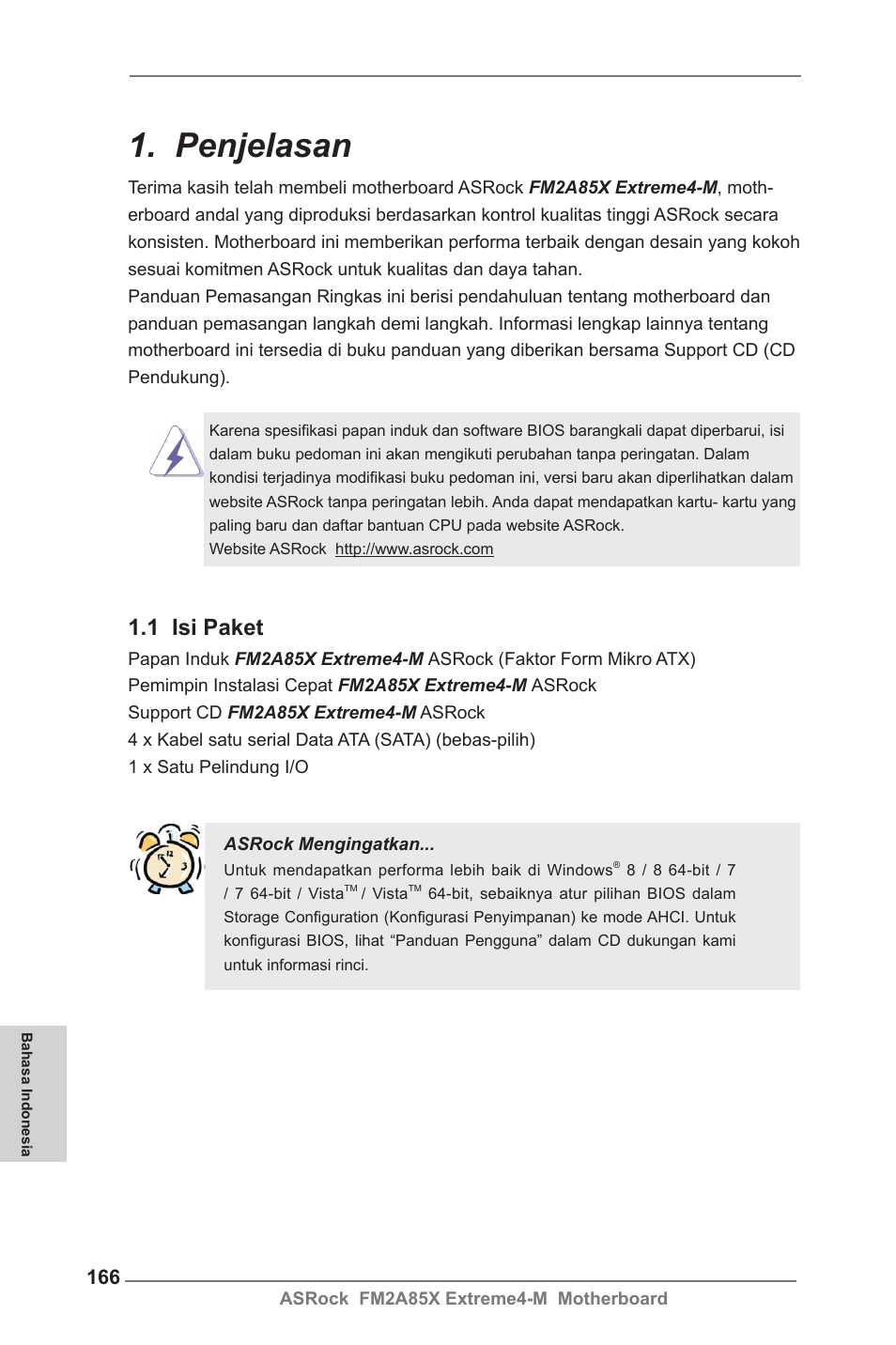 Indonesian, Penjelasan, 1 isi paket | ASRock FM2A85X Extreme4-M User Manual | Page 166 / 176