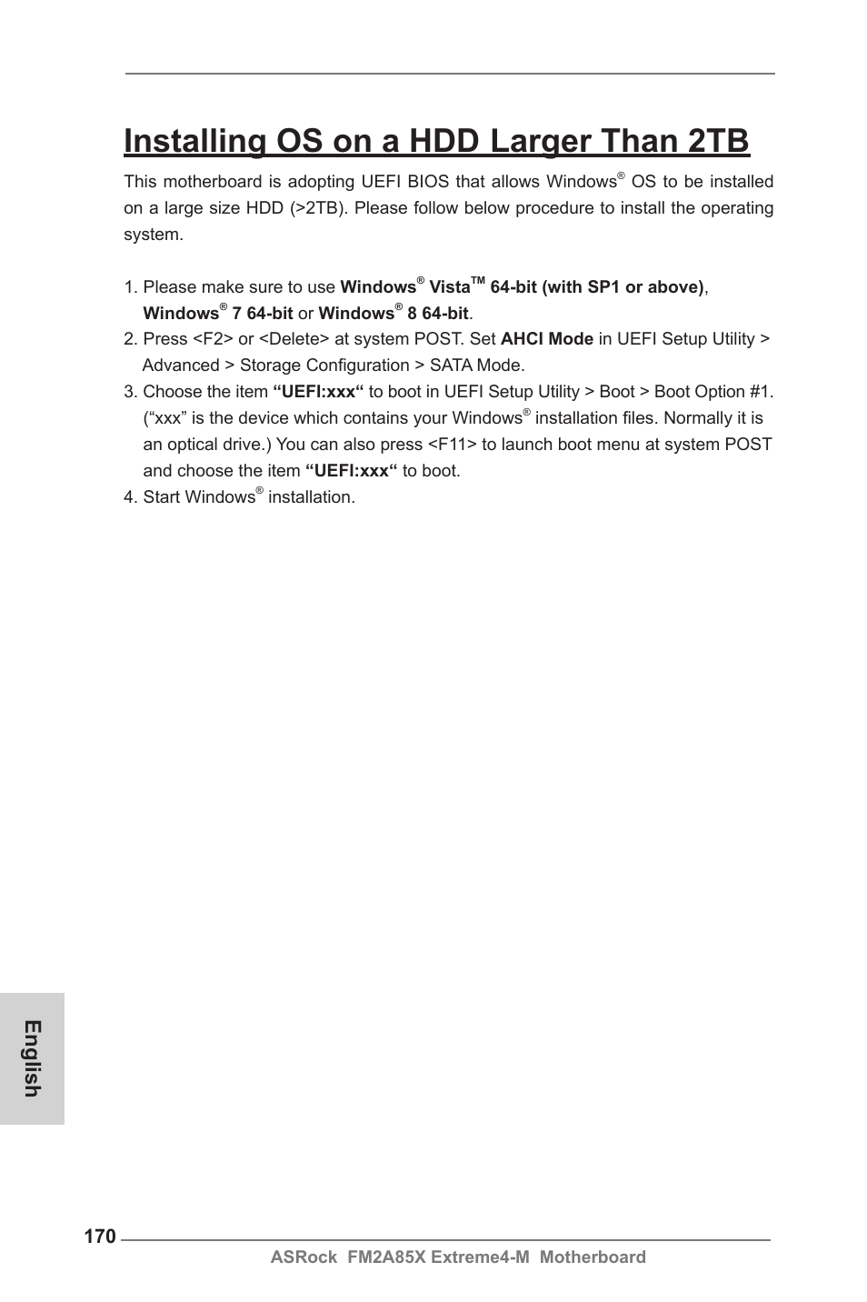 Installing os on a hdd larger than 2tb, English | ASRock FM2A85X Extreme4-M User Manual | Page 170 / 176