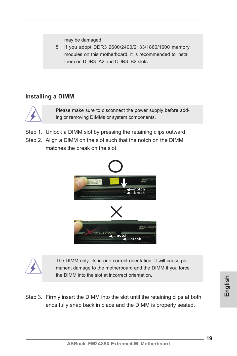 English installing a dimm | ASRock FM2A85X Extreme4-M User Manual | Page 19 / 176