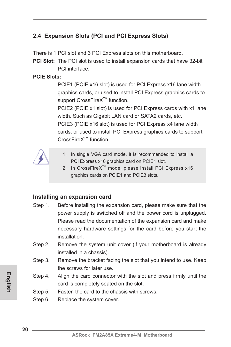 Installing an expansion card | ASRock FM2A85X Extreme4-M User Manual | Page 20 / 176