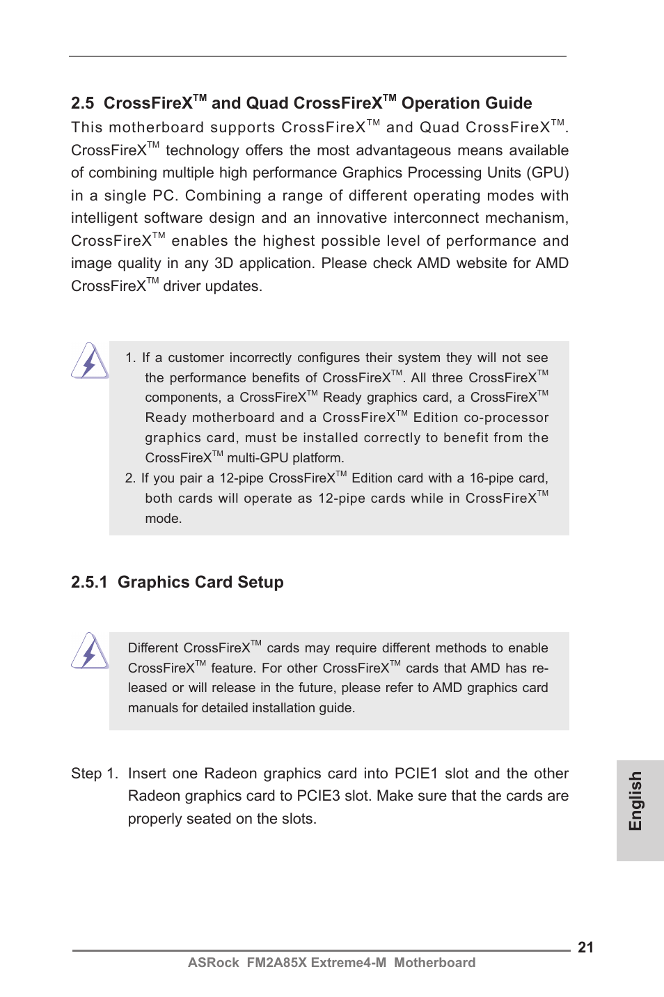 English 2.5 crossfirex, And quad crossfirex, Operation guide | 1 graphics card setup | ASRock FM2A85X Extreme4-M User Manual | Page 21 / 176