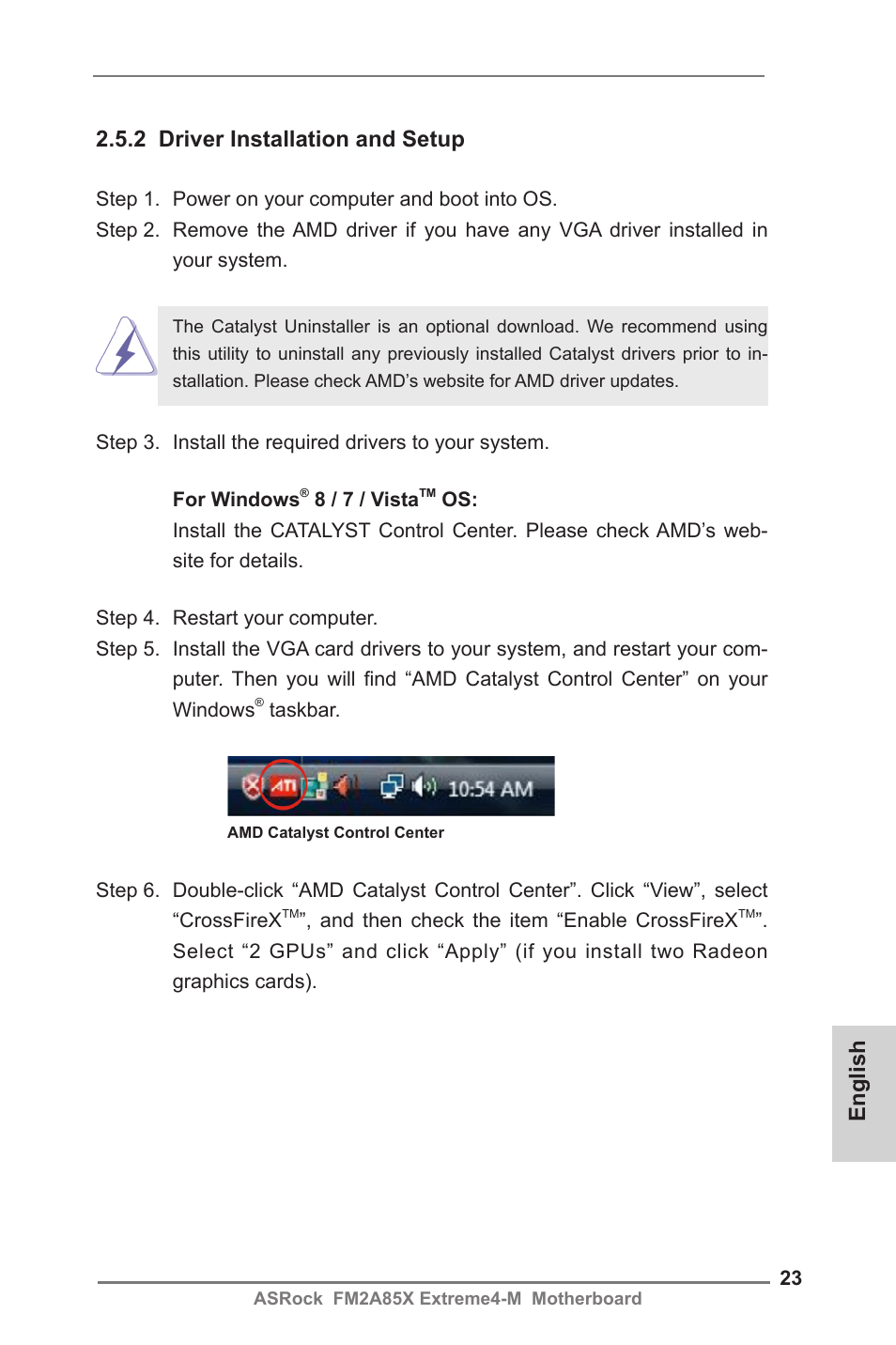 English, 2 driver installation and setup | ASRock FM2A85X Extreme4-M User Manual | Page 23 / 176