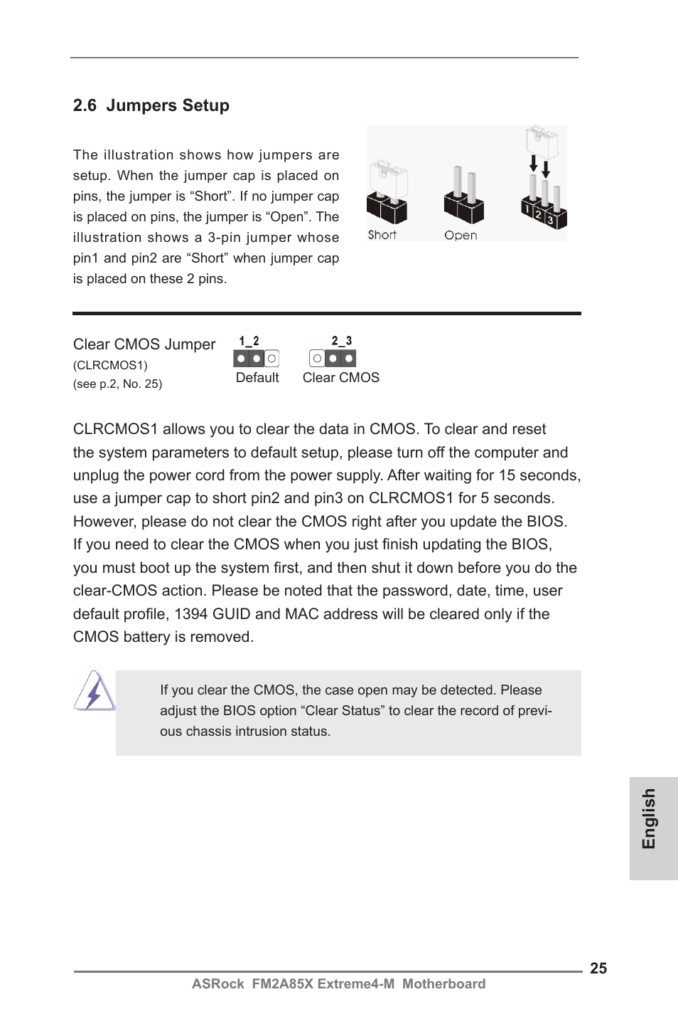 English, 6 jumpers setup | ASRock FM2A85X Extreme4-M User Manual | Page 25 / 176