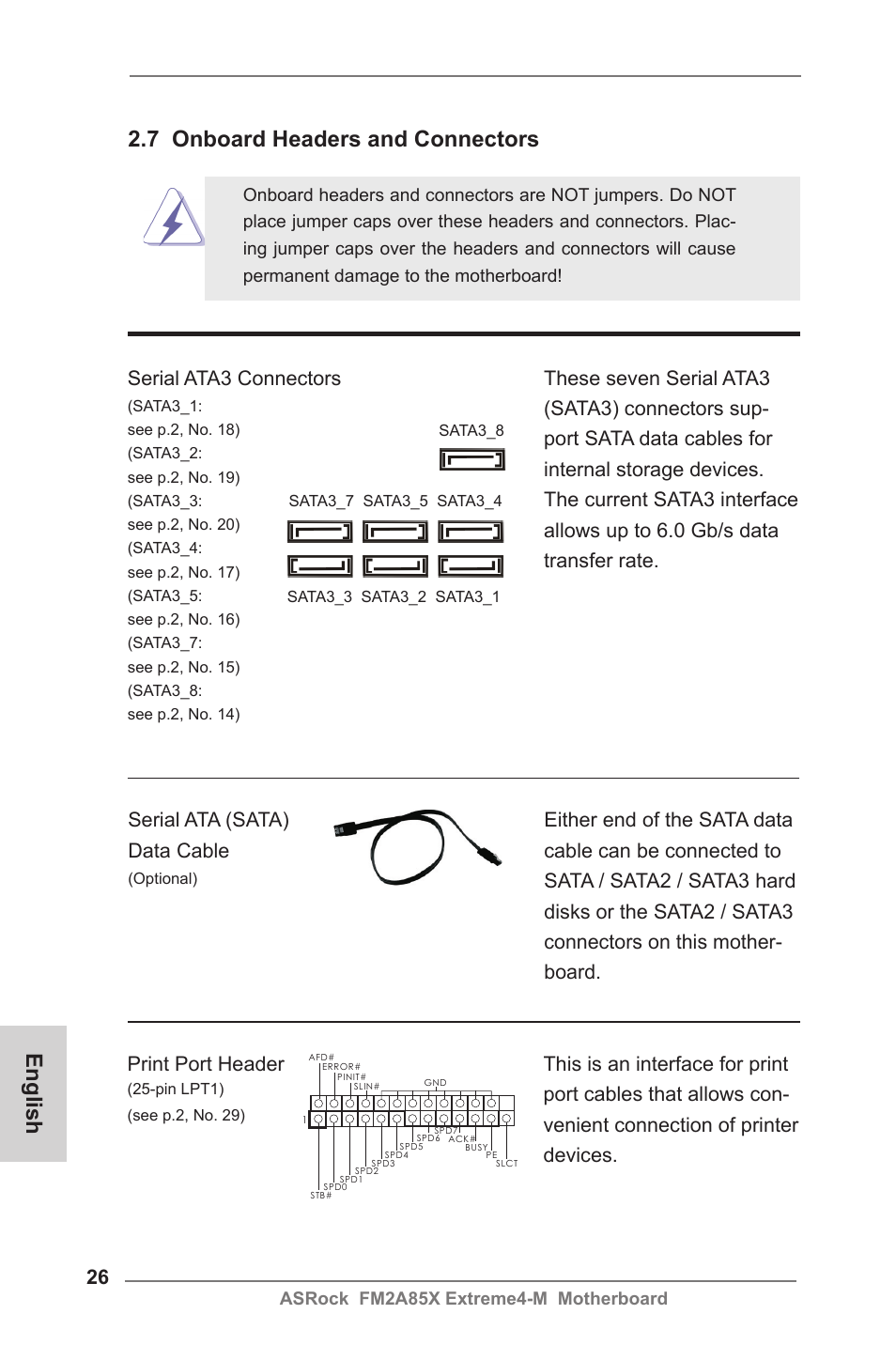 English, 7 onboard headers and connectors, Serial ata3 connectors | Print port header, Serial ata (sata) data cable, Asrock fm2a85x extreme4-m motherboard | ASRock FM2A85X Extreme4-M User Manual | Page 26 / 176