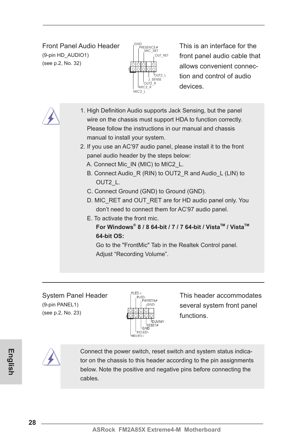 English, Front panel audio header | ASRock FM2A85X Extreme4-M User Manual | Page 28 / 176