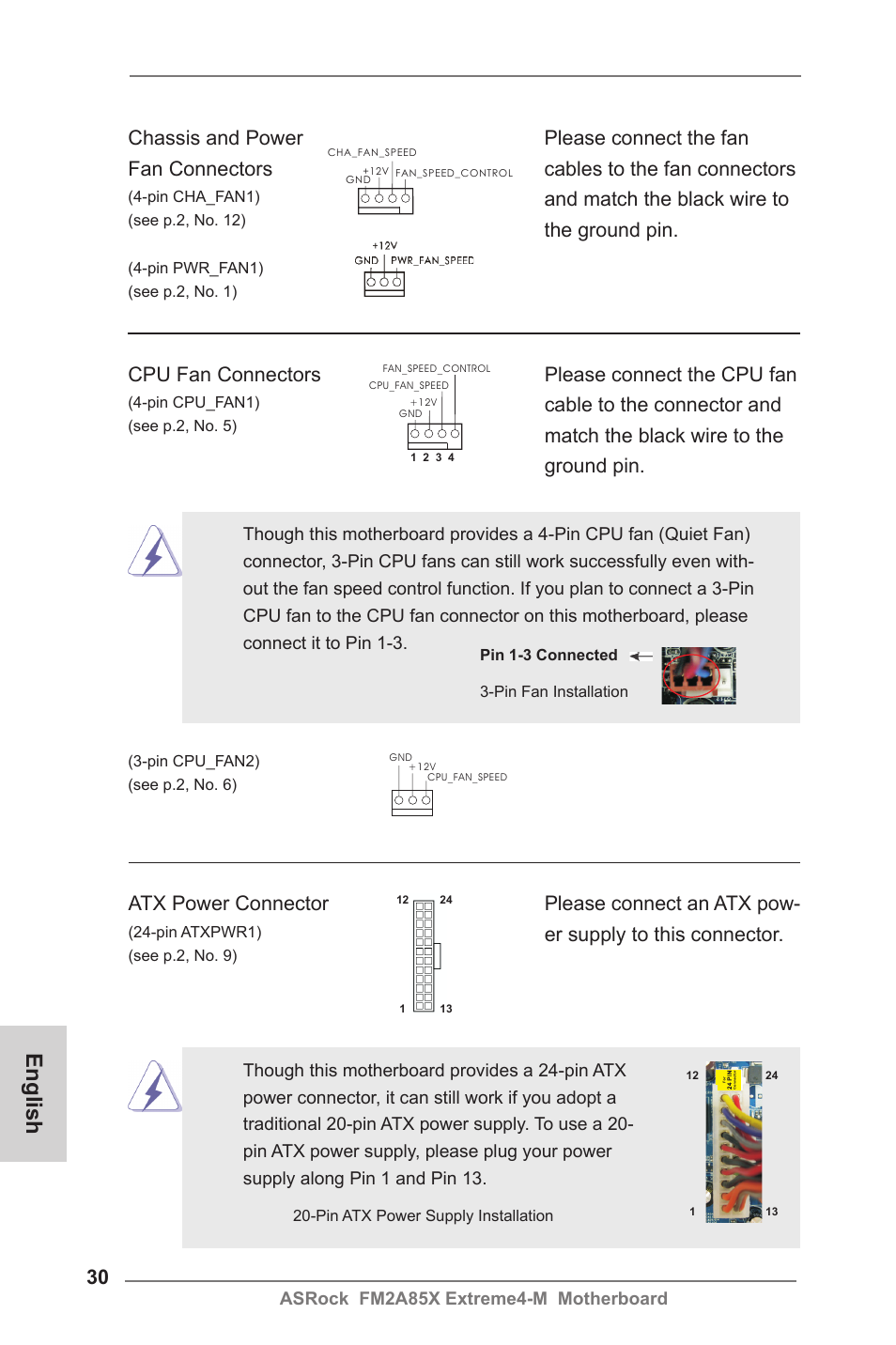 English, Chassis and power fan connectors, Asrock fm2a85x extreme4-m motherboard | ASRock FM2A85X Extreme4-M User Manual | Page 30 / 176