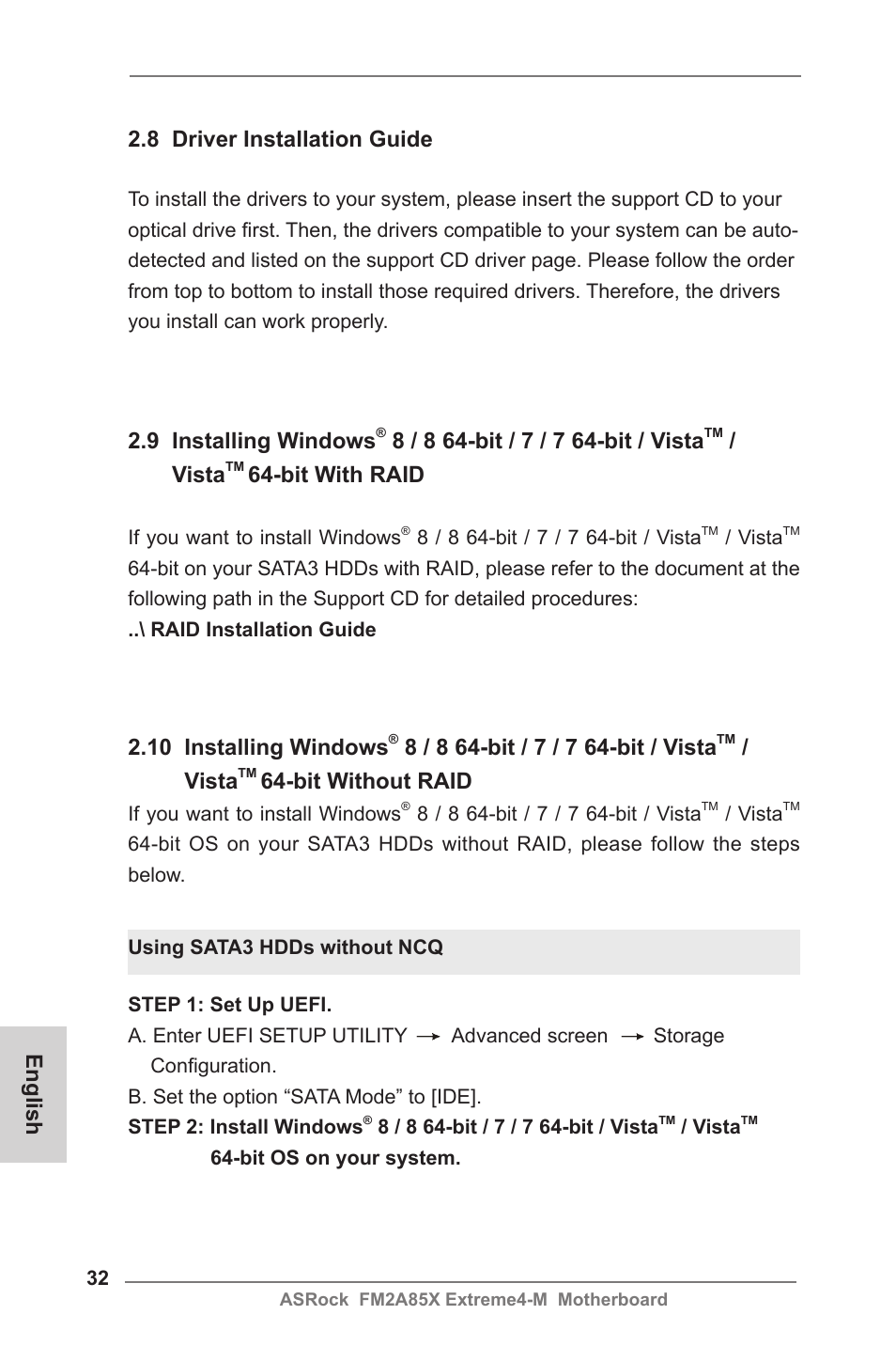 9 installing windows, Vista, Bit with raid | English 2.8 driver installation guide, 10 installing windows, Bit without raid | ASRock FM2A85X Extreme4-M User Manual | Page 32 / 176