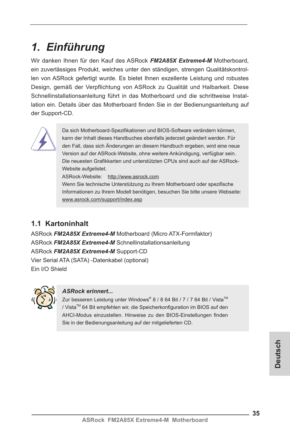 German, Einführung, 1 kartoninhalt | Deutsch | ASRock FM2A85X Extreme4-M User Manual | Page 35 / 176