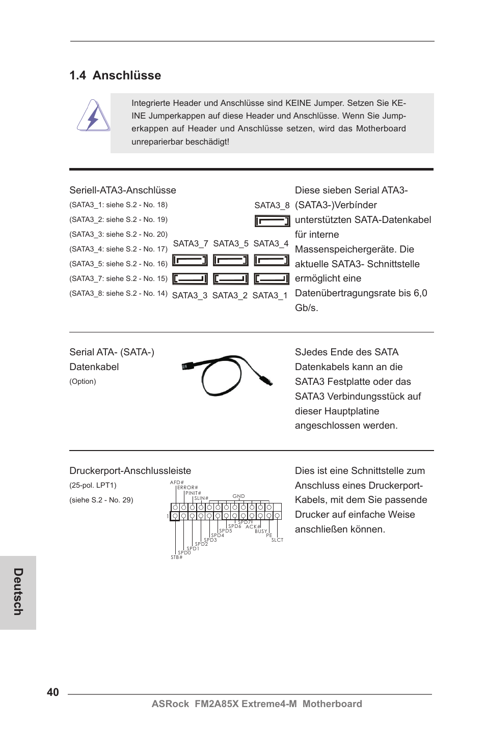 4 anschlüsse, Deutsch | ASRock FM2A85X Extreme4-M User Manual | Page 40 / 176
