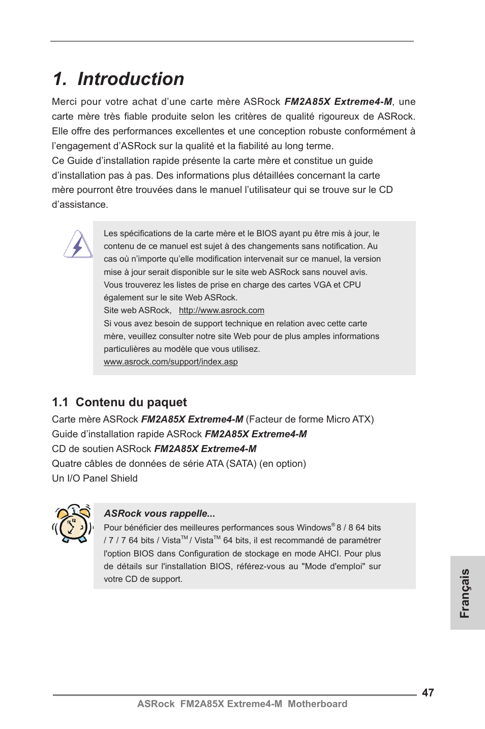 French, Introduction, 1 contenu du paquet | Français | ASRock FM2A85X Extreme4-M User Manual | Page 47 / 176