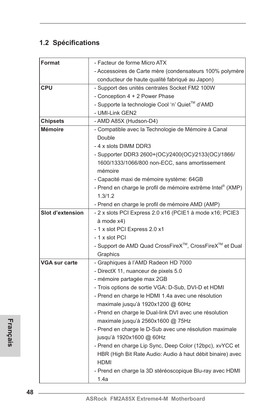 2 spécifications, Français | ASRock FM2A85X Extreme4-M User Manual | Page 48 / 176